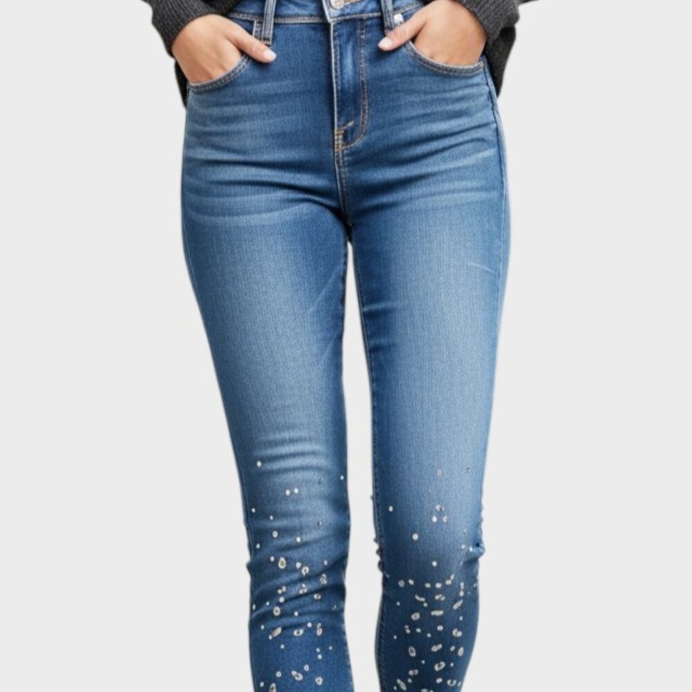 Boutique Jeans Juniors 15 Blue Rhinestone Slim Tapered Y2K Glam Denim
